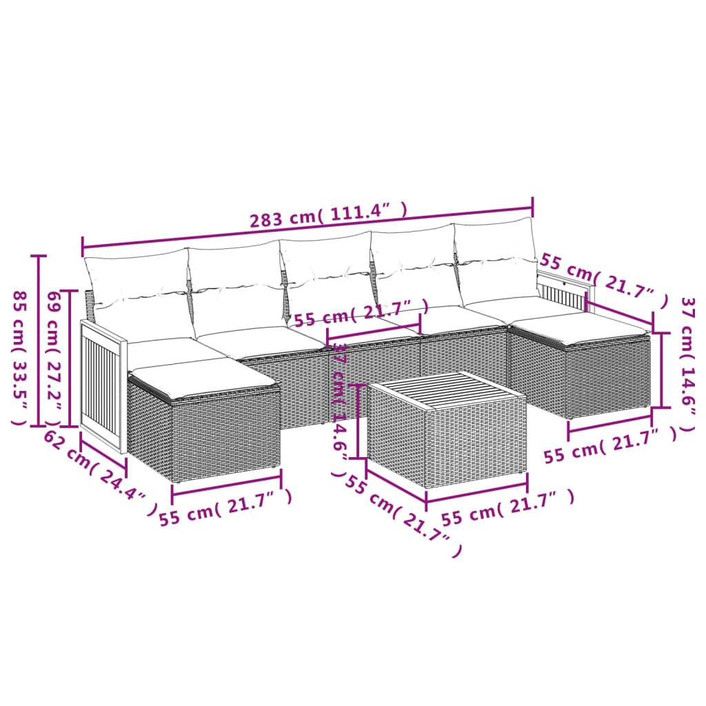 8 pcs conjunto sofás de jardim com almofadões vime PE preto