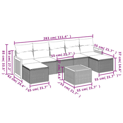 8 pcs conjunto sofás de jardim com almofadões vime PE preto