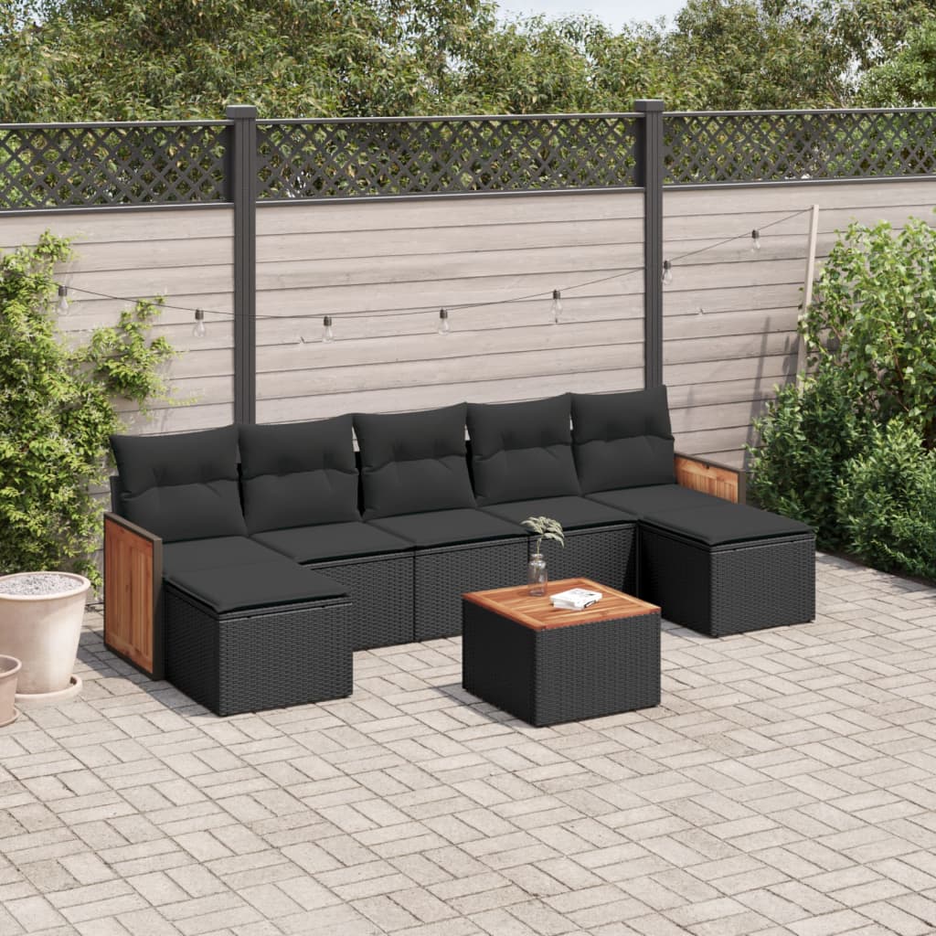 8 pcs conjunto sofás de jardim com almofadões vime PE preto