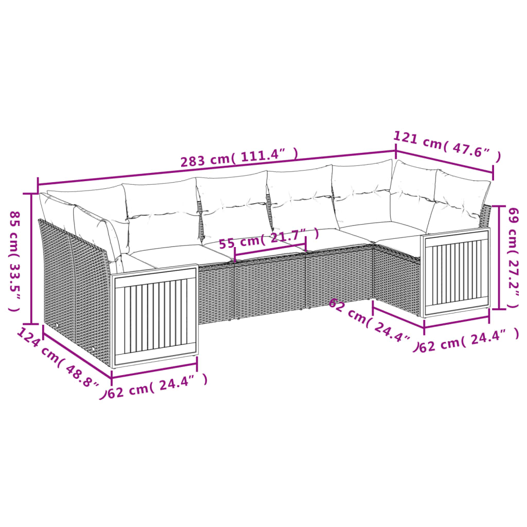 7 pcs conjunto de sofás p/ jardim c/ almofadões vime PE preto