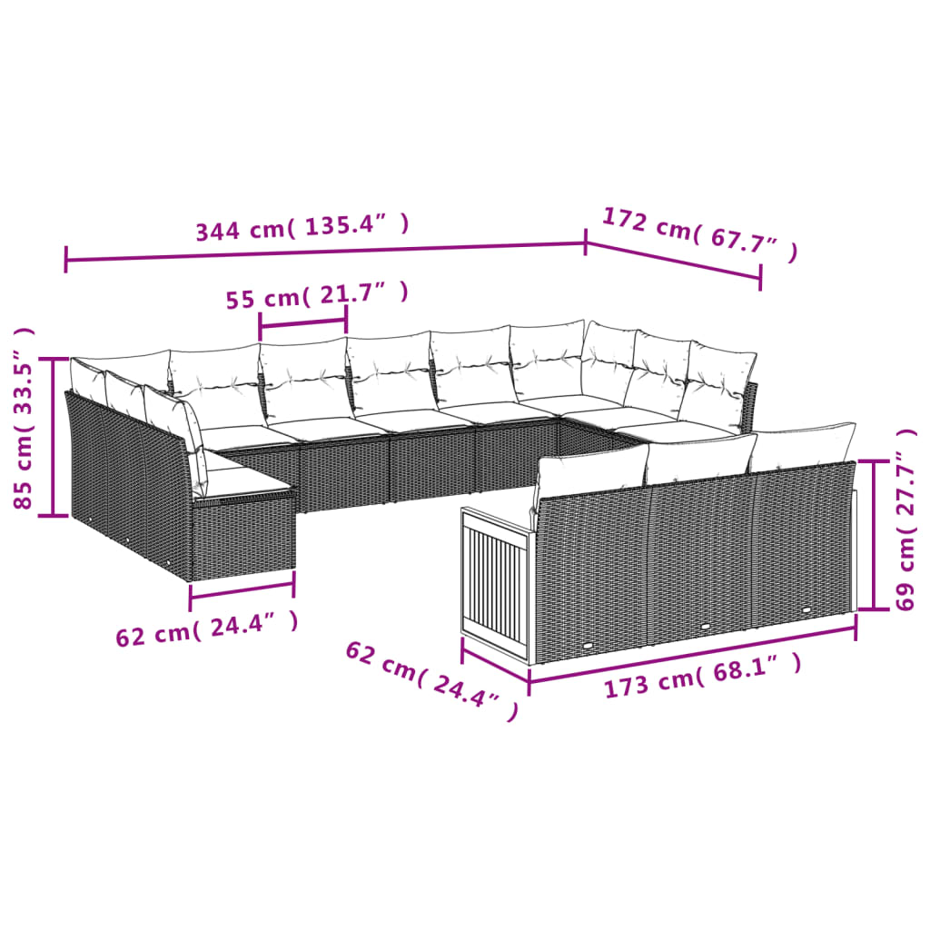 13 pcs conjunto de sofás de jardim com almofadões vime PE preto