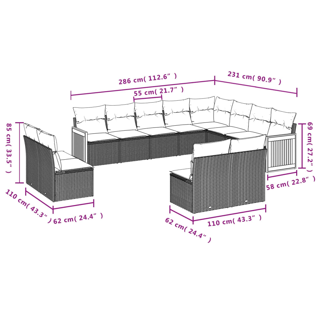 12 pcs conjunto de sofás de jardim c/ almofadões vime PE preto