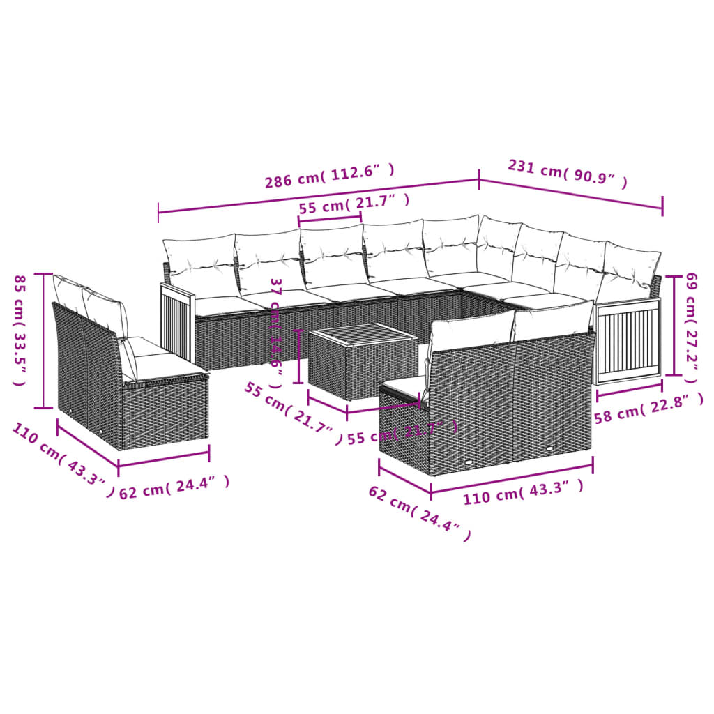 13 pcs conjunto de sofás de jardim com almofadões vime PE preto