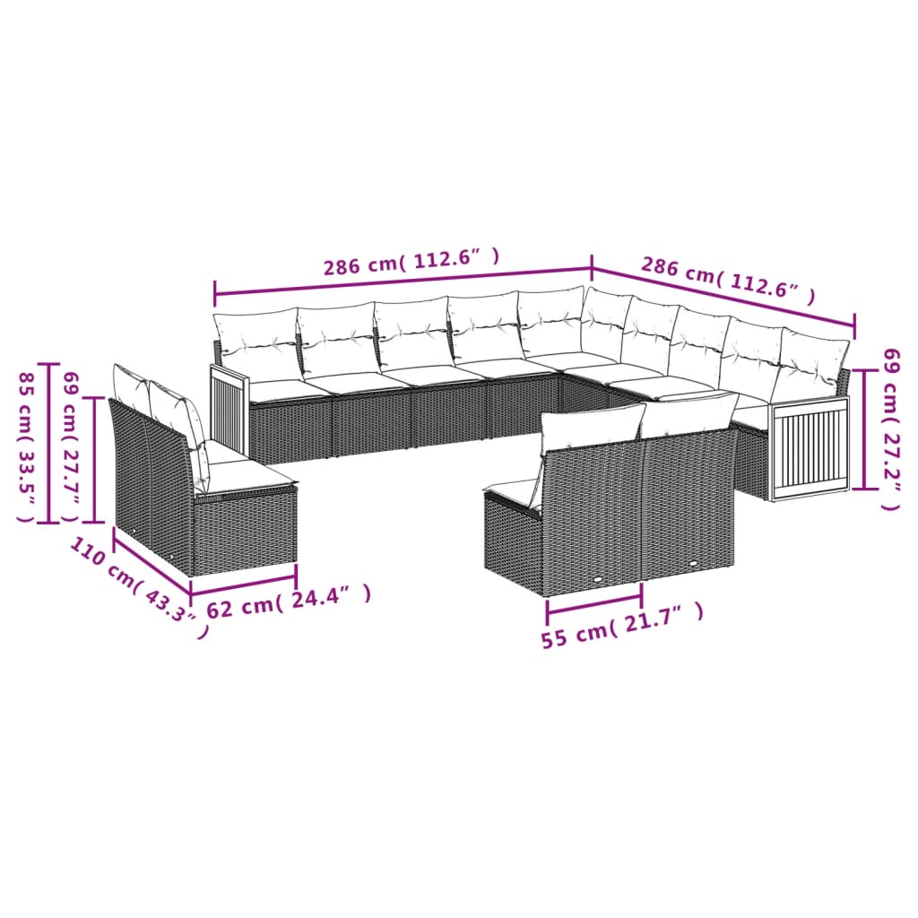 13 pcs conjunto de sofás de jardim com almofadões vime PE preto