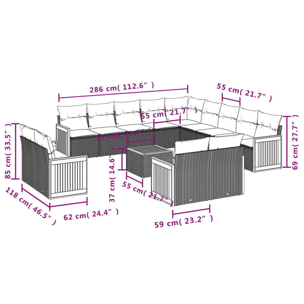 14 pcs conjunto de sofás p/ jardim c/ almofadões vime PE preto