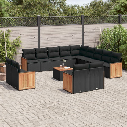 14 pcs conjunto de sofás p/ jardim c/ almofadões vime PE preto