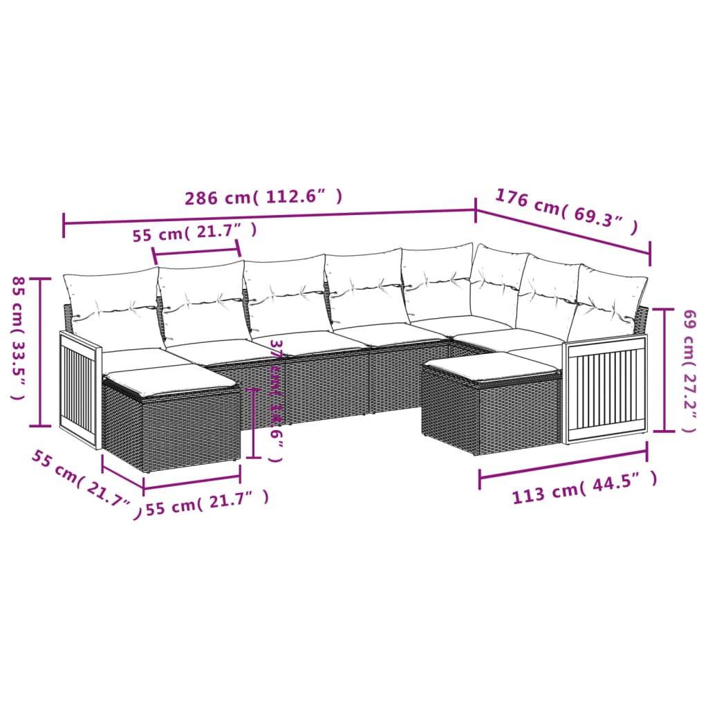 9 pcs conjunto de sofás p/ jardim c/ almofadões vime PE preto