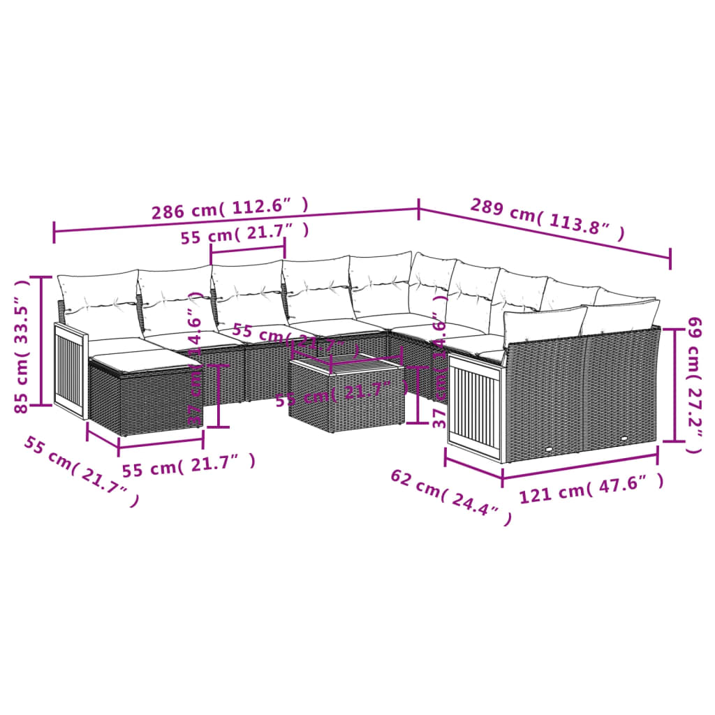 12 pcs conjunto de sofás de jardim c/ almofadões vime PE preto