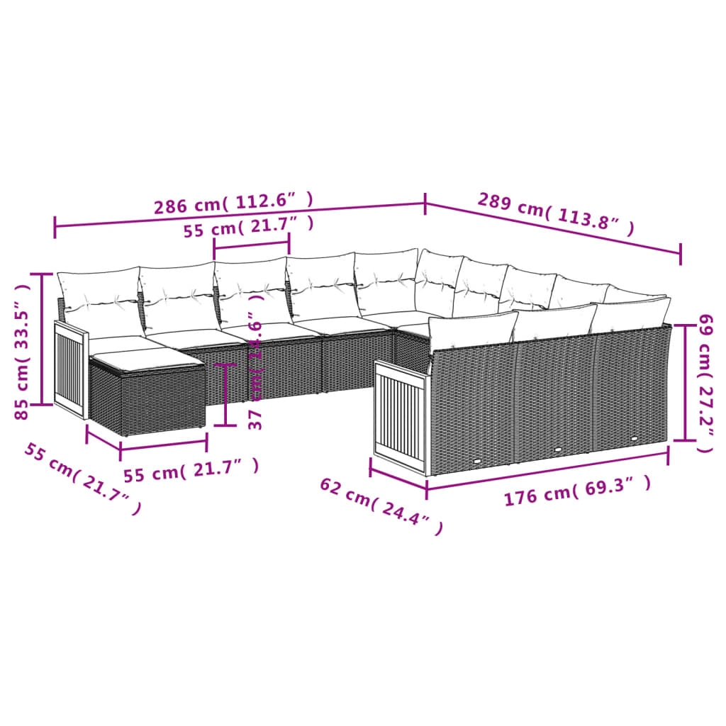 12 pcs conjunto de sofás de jardim c/ almofadões vime PE preto