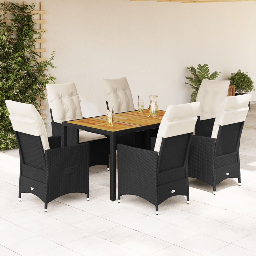 7 pcs conjunto de jantar p/ jardim c/ almofadões vime PE preto