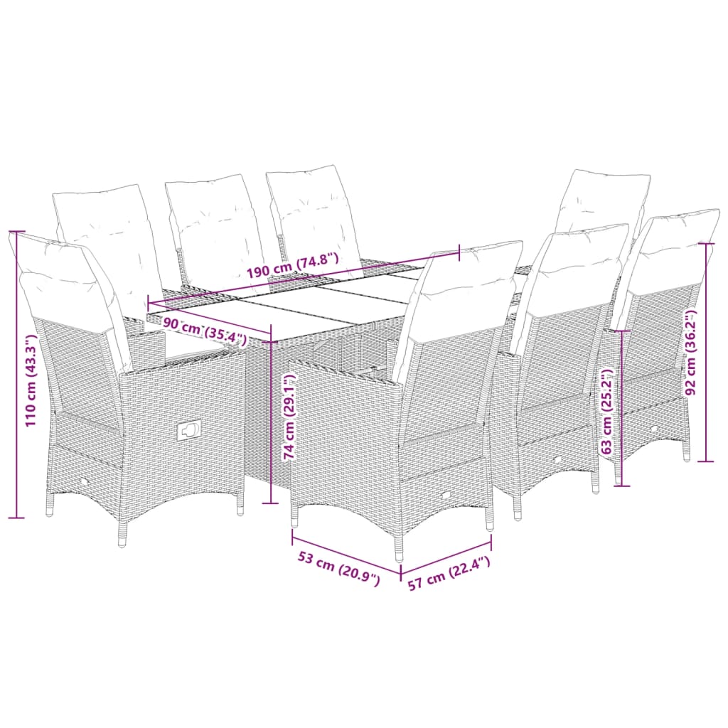 9 pcs conjunto de jantar p/ jardim c/ almofadões vime PE preto