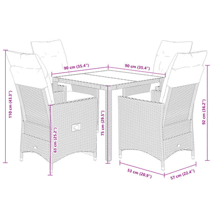 5 pcs conjunto de jantar p/ jardim c/ almofadões vime PE cinza