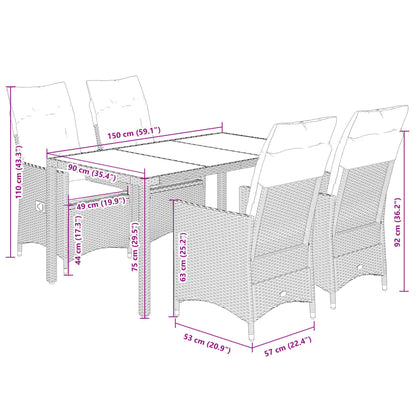 5 pcs conjunto de jantar p/ jardim c/ almofadões vime PE cinza