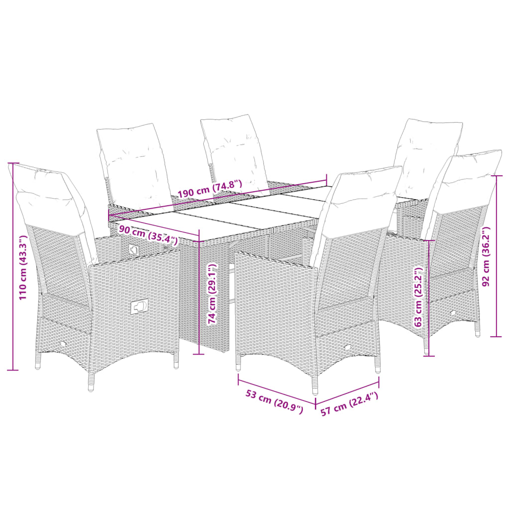 7 pcs conjunto de jantar p/ jardim c/ almofadões vime PE cinza