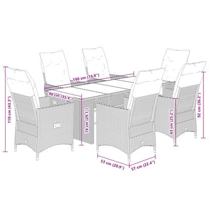 7 pcs conjunto de jantar p/ jardim c/ almofadões vime PE cinza