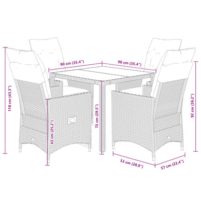 5 pcs conjunto de jantar p/ jardim c/ almofadões vime PE cinza