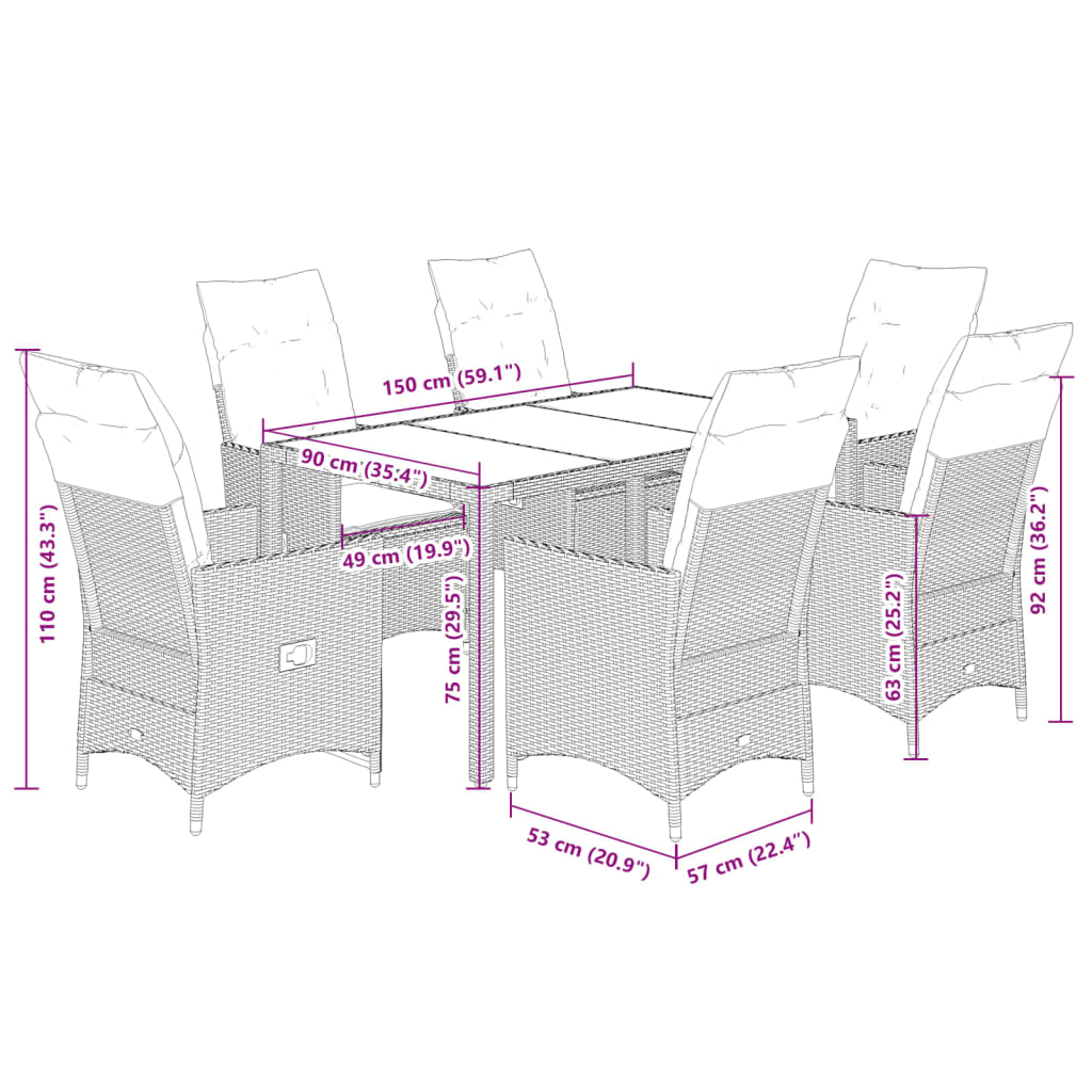 7 pcs conjunto de jantar p/ jardim c/ almofadões vime PE cinza