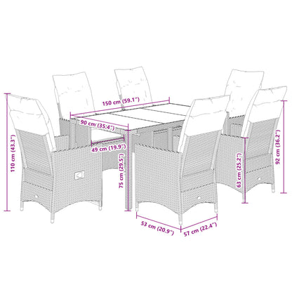 7 pcs conjunto de jantar p/ jardim c/ almofadões vime PE cinza