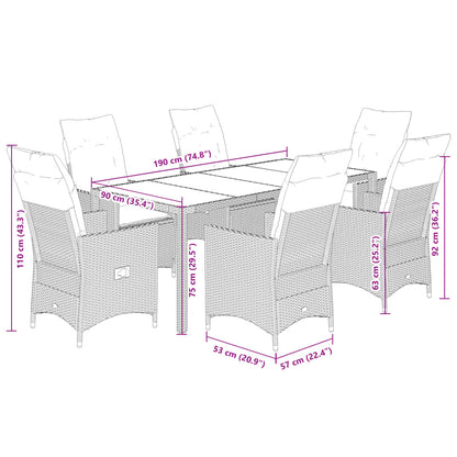 7 pcs conjunto de jantar p/ jardim c/ almofadões vime PE cinza