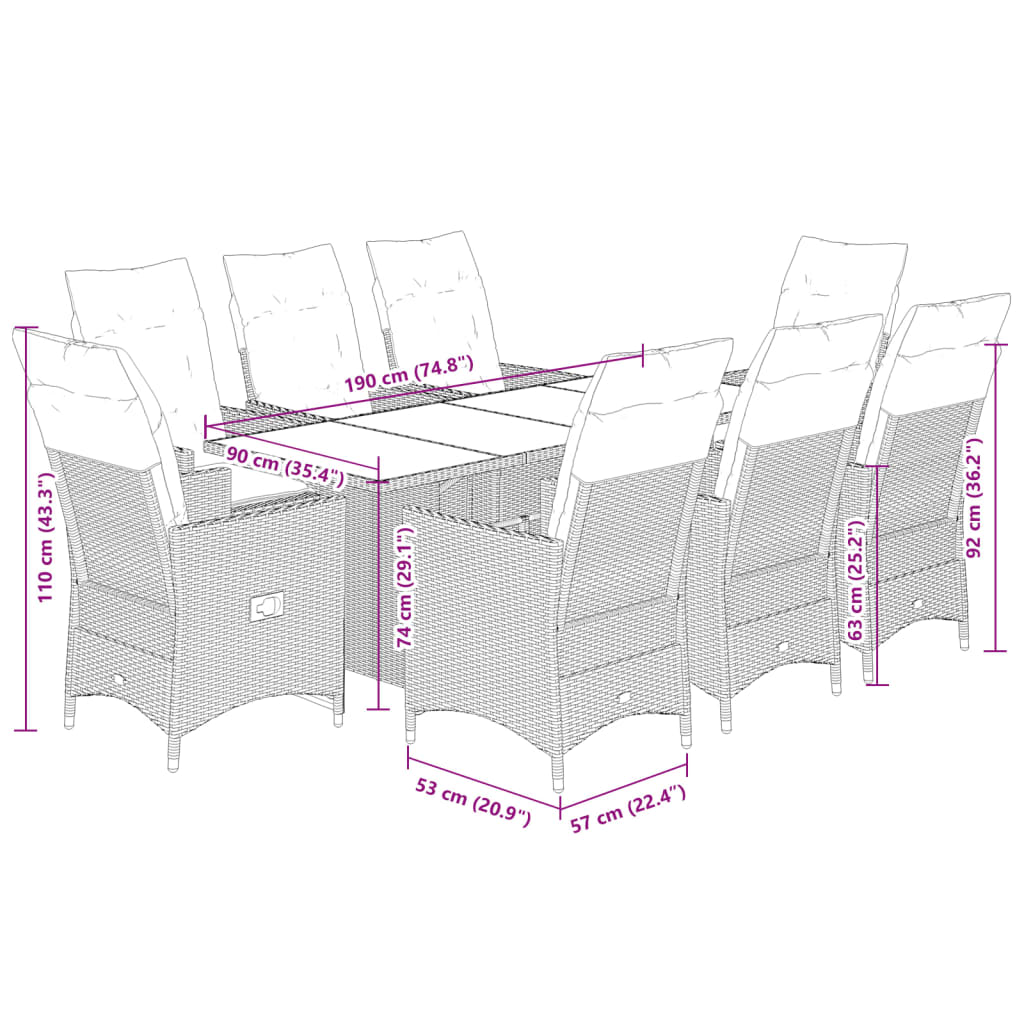 9 pcs conjunto de jantar p/ jardim com almofadões vime PE bege