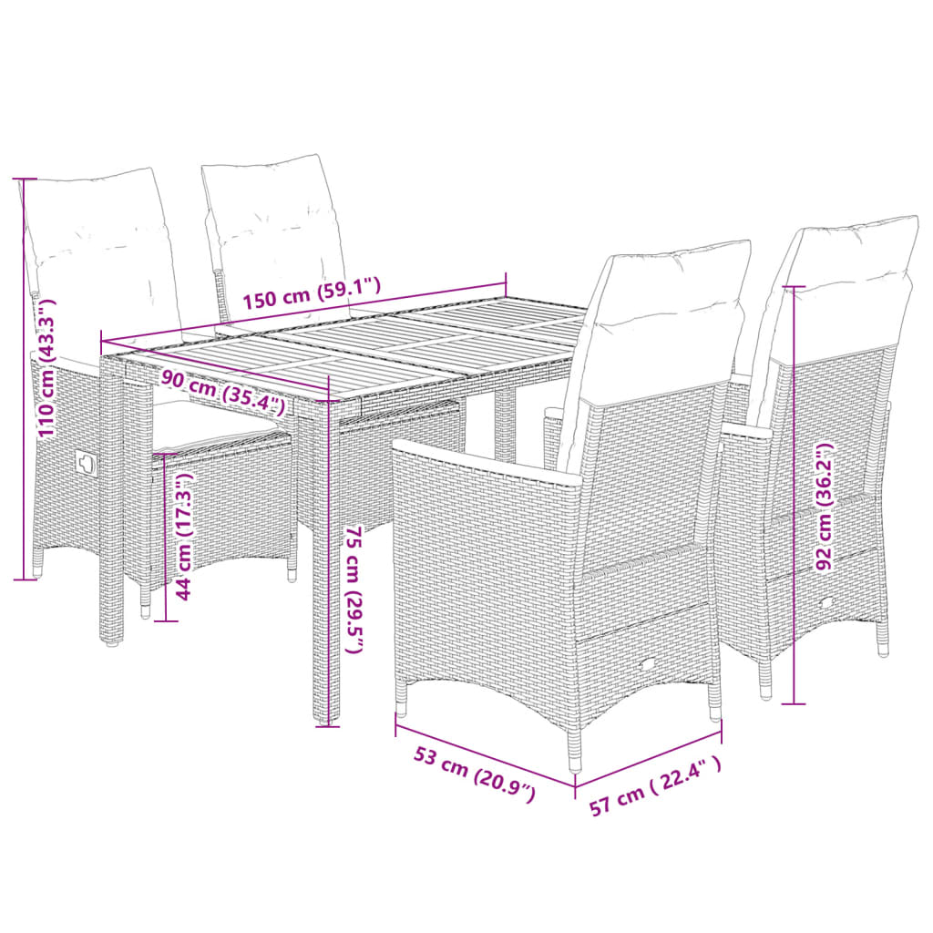 5 pcs conjunto de jantar p/ jardim c/ almofadões vime PE cinza