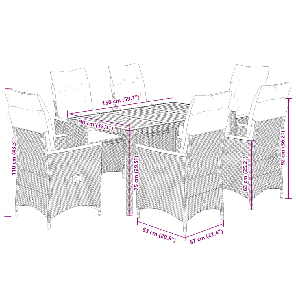 7 pcs conjunto de jantar p/ jardim c/ almofadões vime PE cinza