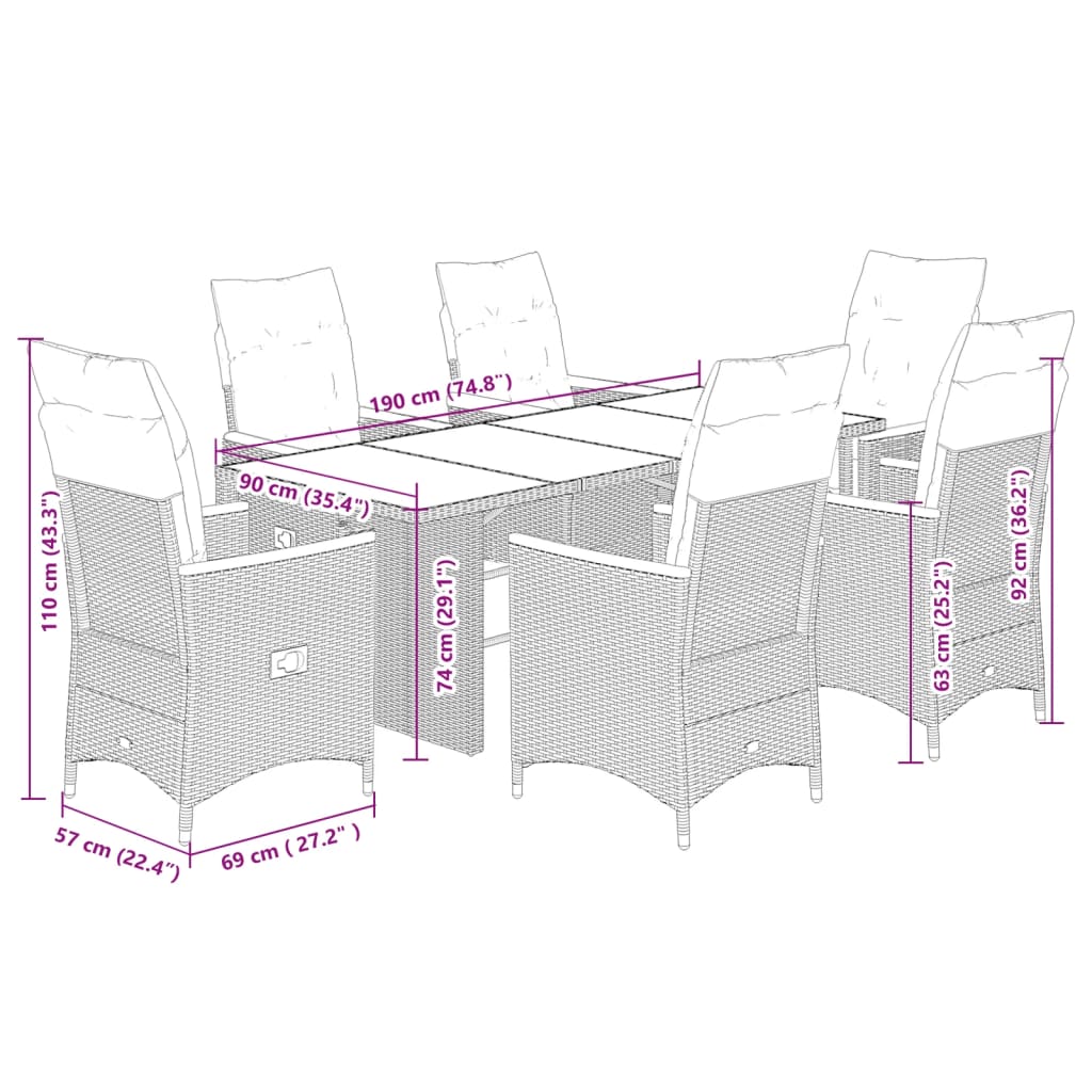 7 pcs conjunto de jantar p/ jardim c/ almofadões vime PE cinza