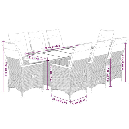 9 pcs conjunto de jantar p/ jardim c/ almofadões vime PE cinza