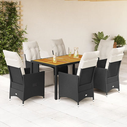 7 pcs conjunto de jantar p/ jardim c/ almofadões vime PE preto