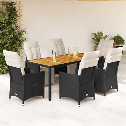 7 pcs conjunto de jantar p/ jardim c/ almofadões vime PE preto