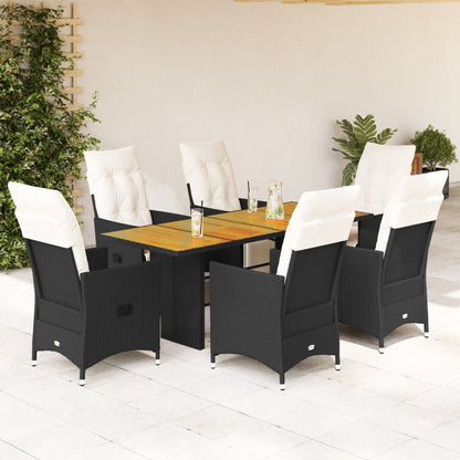 7 pcs conjunto de jantar p/ jardim c/ almofadões vime PE preto