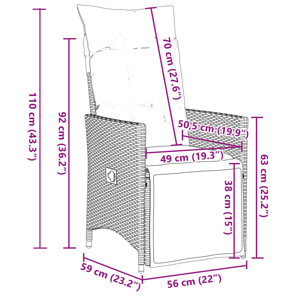 3 pcs conjunto bistrô de jardim c/ almofadões vime PE cinza