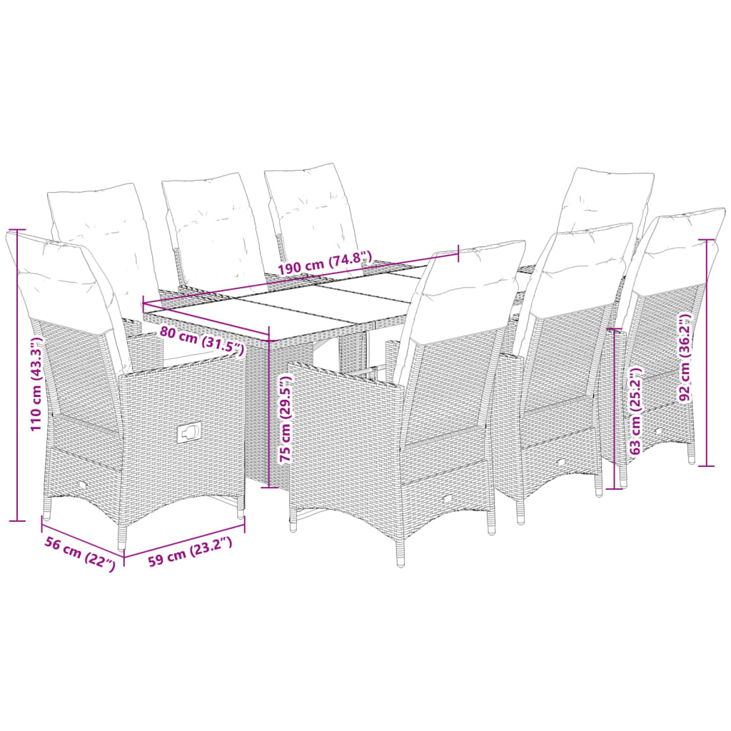 9 pcs conjunto de bistrô para jardim c/ almofadões vime PE bege