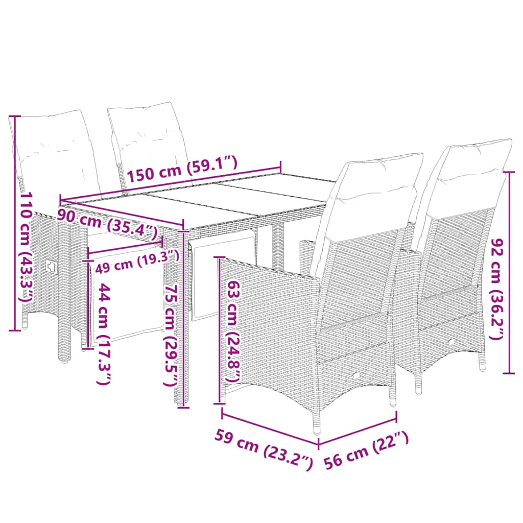 5 pcs conjunto bistrô de jardim c/ almofadões vime PE cinza