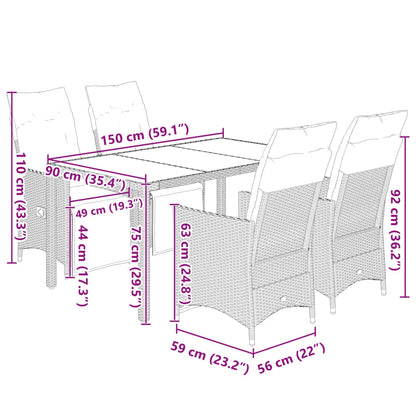 5 pcs conjunto bistrô de jardim c/ almofadões vime PE cinza