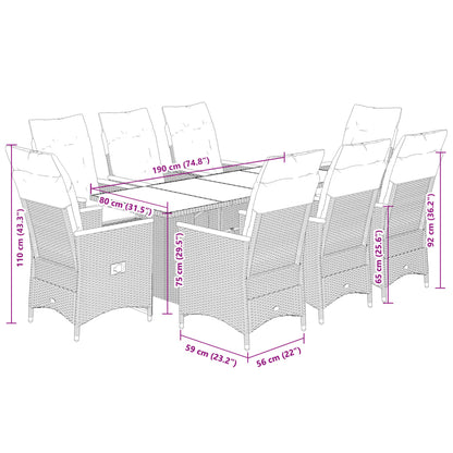 9 pcs conjunto bistrô de jardim c/ almofadões vime PE cinzento