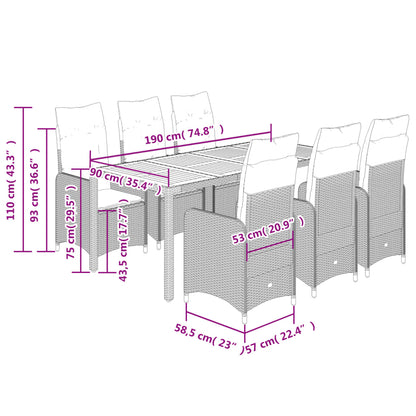 7 pcs conjunto de bistrô p/ jardim c/ almofadões vime PE preto