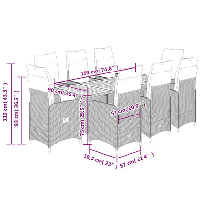 9 pcs conjunto de bistrô p/ jardim c/ almofadões vime PE preto