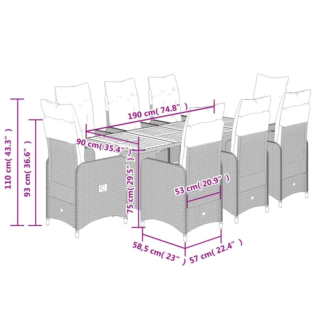 9 pcs conjunto de bistrô p/ jardim c/ almofadões vime PE preto