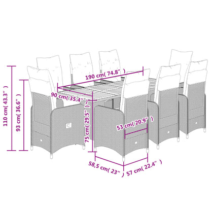 9 pcs conjunto de bistrô p/ jardim c/ almofadões vime PE preto