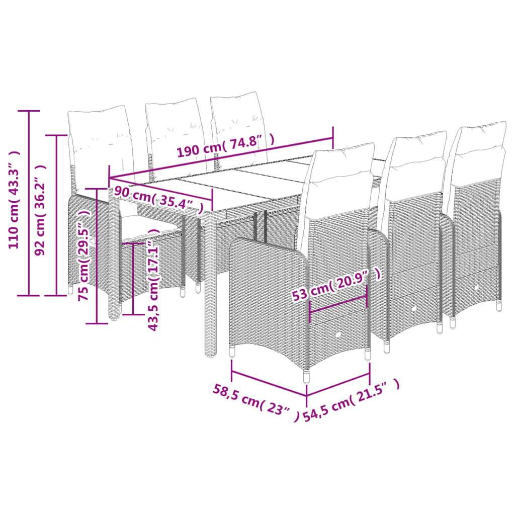 7 pcs conjunto de bistrô p/ jardim c/ almofadões vime PE preto