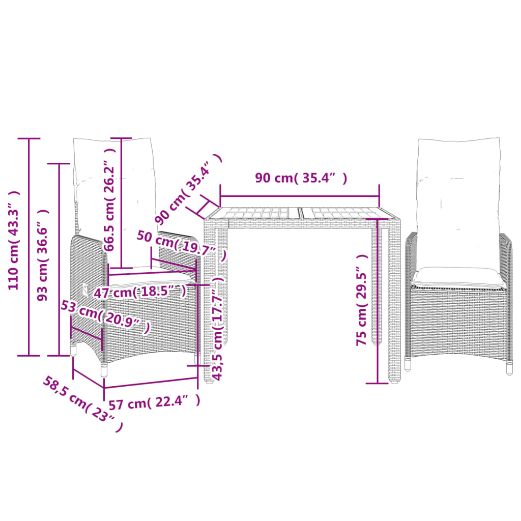 3 pcs conjunto bistrô de jardim c/ almofadões vime PE cinza