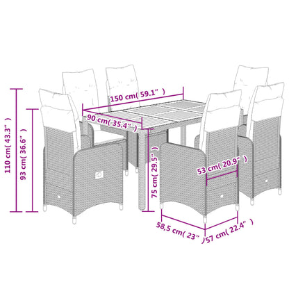 7 pcs conjunto bistrô de jardim c/ almofadões vime PE cinza