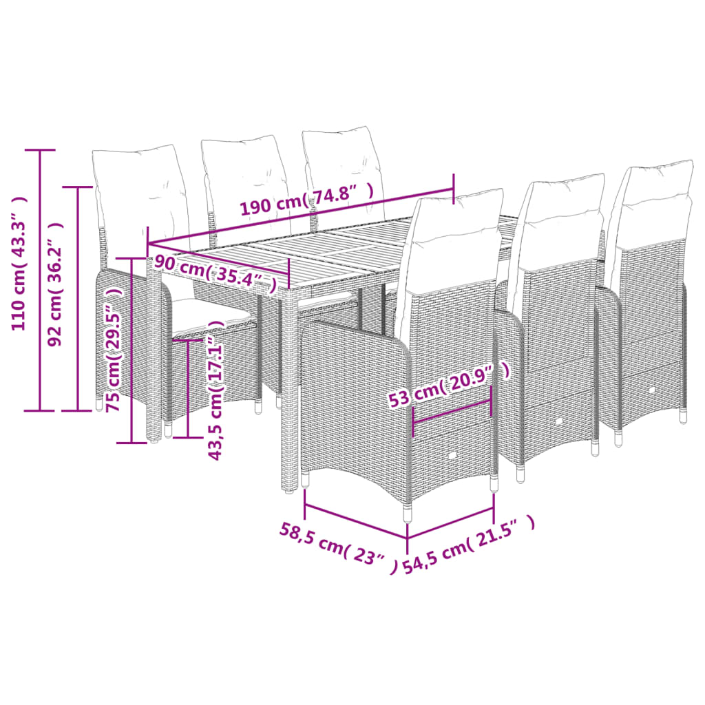 7 pcs conjunto bistrô de jardim c/ almofadões vime PE cinza