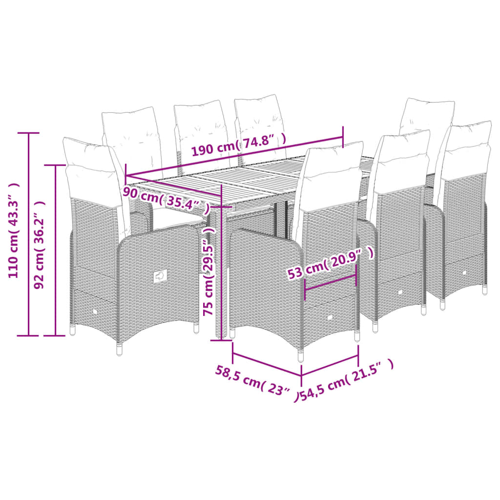 9 pcs conjunto bistrô de jardim c/ almofadões vime PE cinzento