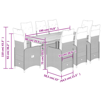 9 pcs conjunto bistrô de jardim c/ almofadões vime PE cinzento