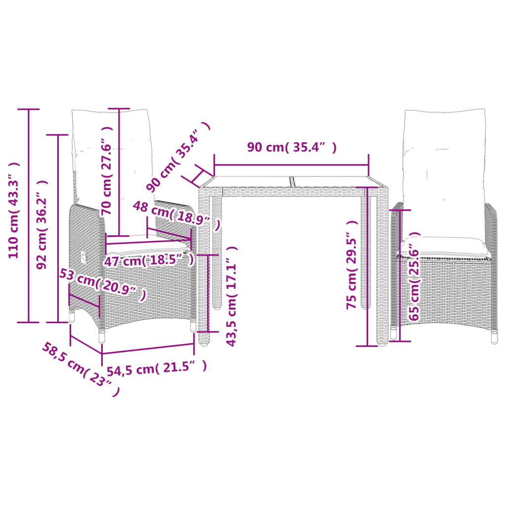 3 pcs conjunto bistrô de jardim c/ almofadões vime PE cinza