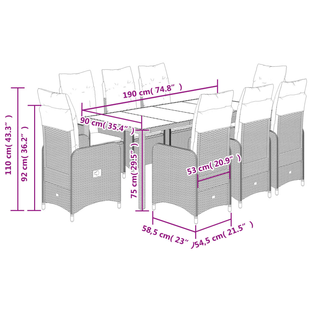 9 pcs conjunto bistrô de jardim c/ almofadões vime PE cinzento