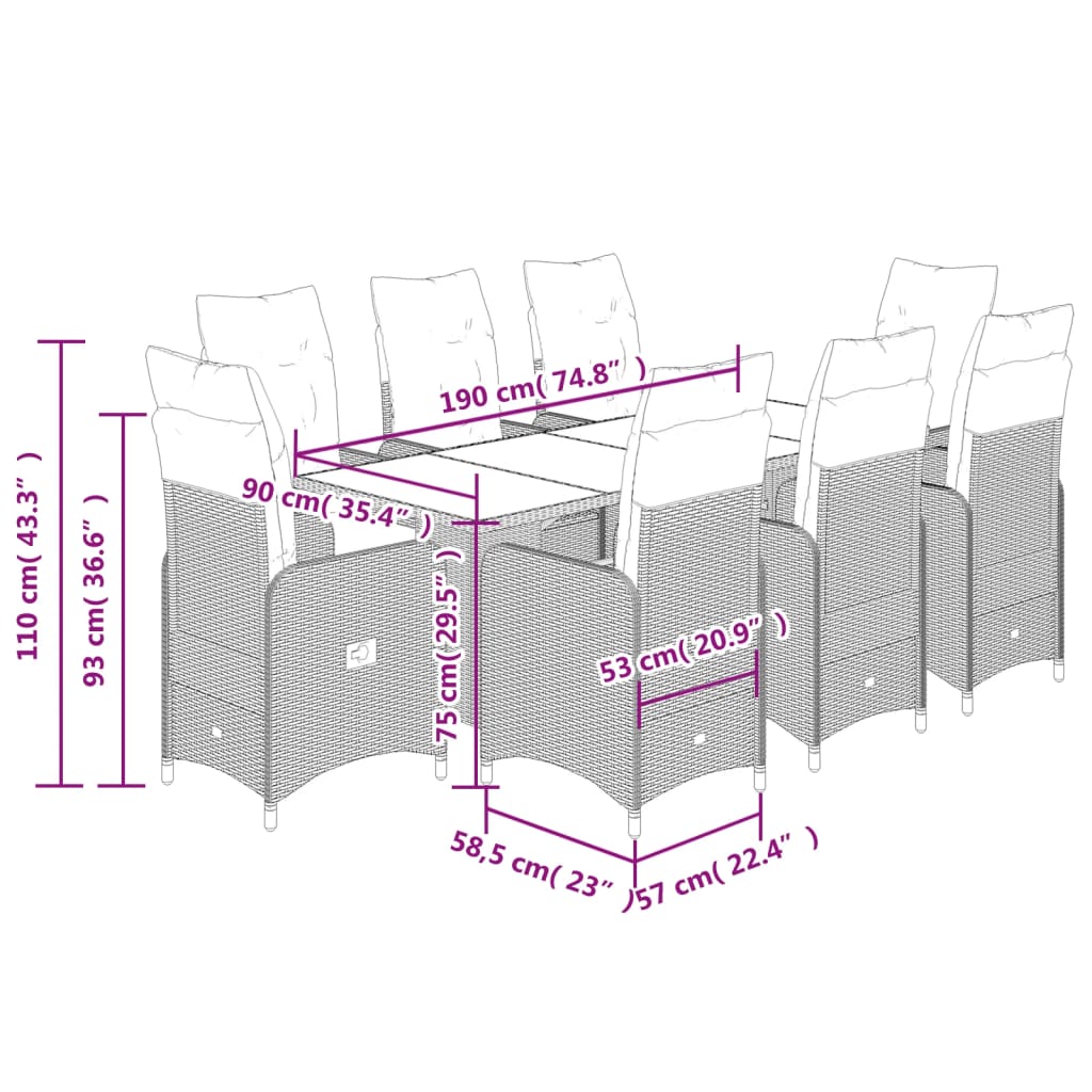 9 pcs conjunto bistrô de jardim c/ almofadões vime PE cinzento