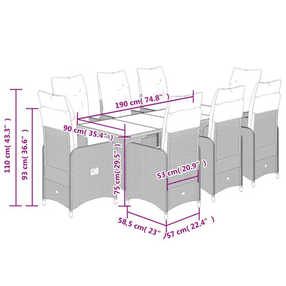 9 pcs conjunto bistrô de jardim c/ almofadões vime PE cinzento